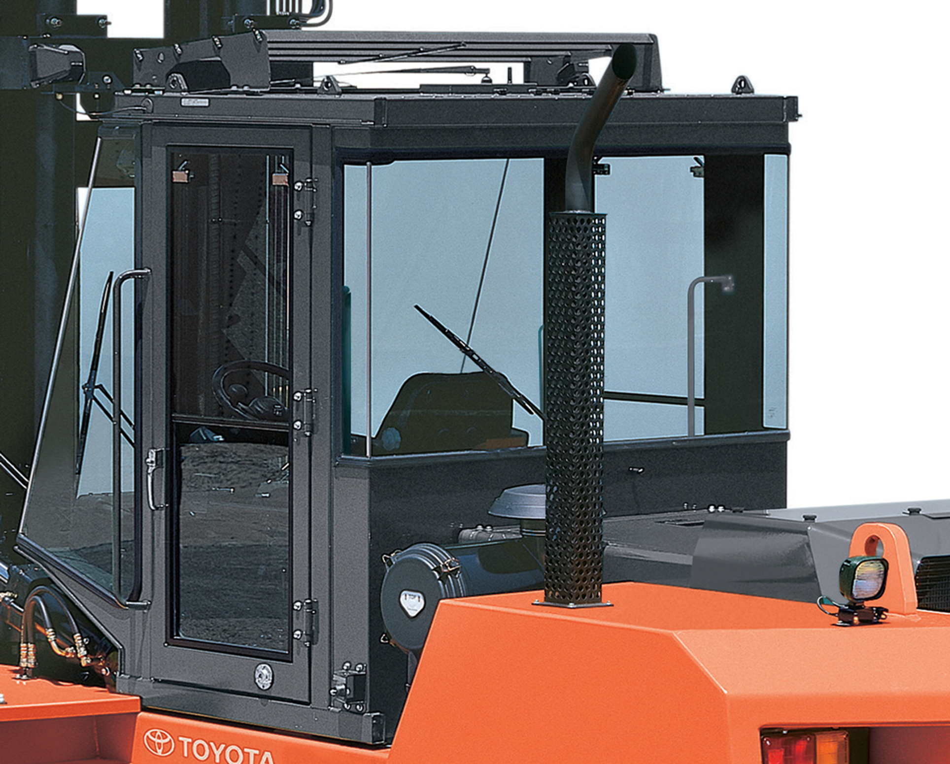 Close-up of enclosed cab for Toyota's High-Capacity IC Pneumatic forklift.